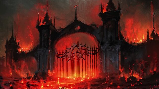 Dark fiery fortress engulfed in blazing inferno with towering gothic gates surrounded by swirling smoke embers and intense hellfire atmosphere, dramatic fantasy environment symbolizing chaos destructi
