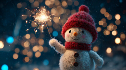 A snowman made of thread holds a sparkler, New Year's mood, night, joyful snowman