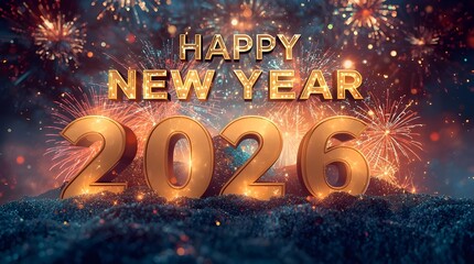 Happy New Year 2026 Fireworks With Golden Sparkling Text