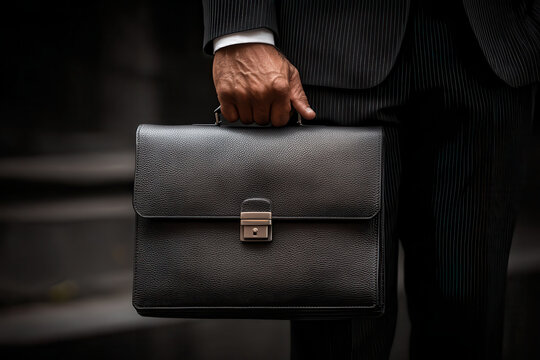 Businessman hand briefcase leather lock secure grip formal suit urban steps morning commute confidence