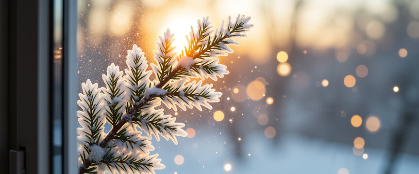 Frosted window pane with snow-covered branch and Christmas lights blurred   - Powered by Adobe