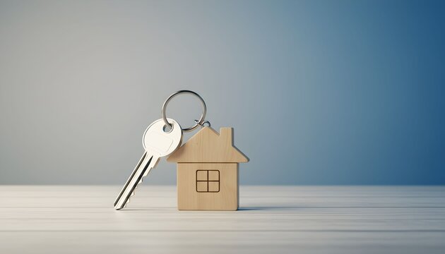 A single silver key rests on a white surface next to a small wooden house-shaped keychain against a soft blue background.