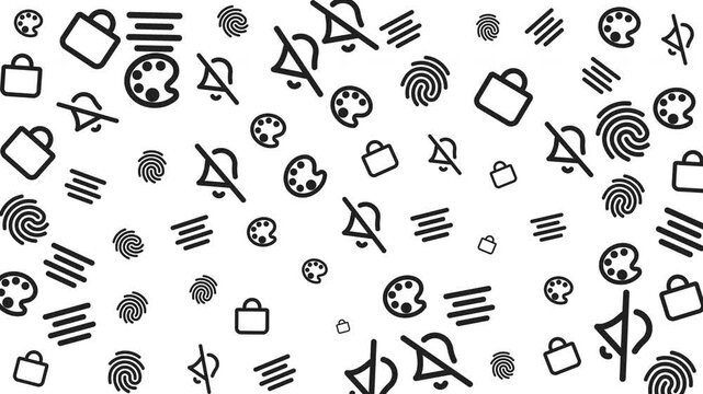 Abstract seamless pattern featuring various black and white geometric and symbolic graphic icons on a light background, creative design, top view