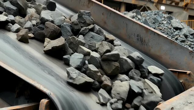 Industrial 4K Ultra HD mining close up video of granite grains falling down from a conveyor belt in a large mining quarry showing the grey crushed mineral ore moving on the production line of an