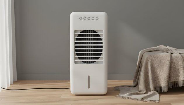 A tall, white, rectangular portable air cooler sits on a light wood floor next to a bed with a draped blanket.