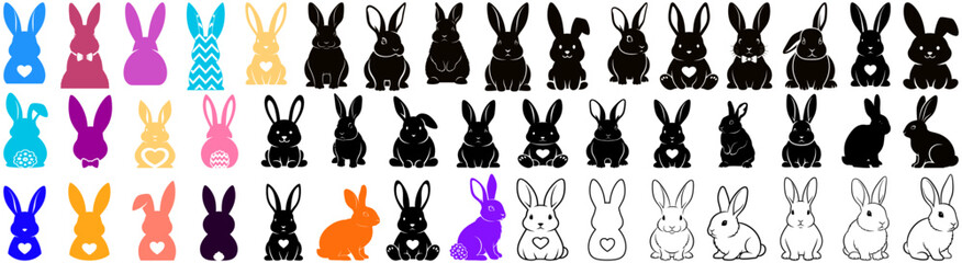 A colorful array of easter bunny silhouettes and decorated easter eggs arranged in neat rows and columns