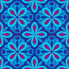 seamless pattern with flowers,blue, pink curves ,painted create to flowershape, leaves, pink background in geometric patterns as sarong,fabric,tile,printed fabric,batik,tablecloth patterns.