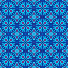 vector seamless pattern with flowers,blue, pink curves ,painted create to flowershape, leaves, pink background in geometric patterns as sarong,fabric,tile,printed fabric,batik,tablecloth patterns.