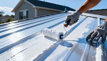 Medium shot capturing hands wearing gloves evenly spreading white reflective paint on residential roof for improved insulation and lower cooling costs