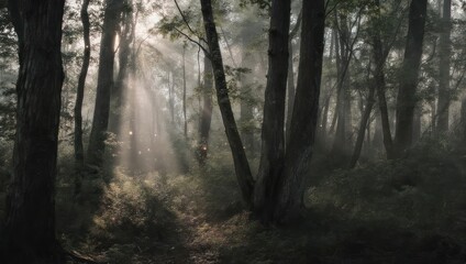 Fototapeta premium Sunbeams pierce through misty forest canopy illuminating a woodland path.