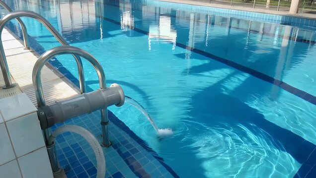 Cinematic 4K overhead footage of clear water pouring out of a swimming pool drain revealing the blue tiled bottom of a public reservoir perfect for water pool or infrastructure stock videos