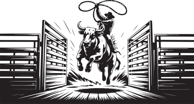 Silhouette shows a cowboy riding and jumping a bull through the gate with lasso