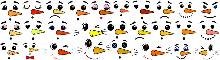 Illustration of many cartoon snowman faces with different accessories and facial expressions in a pattern