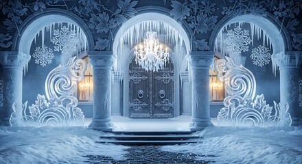 Magical winter palace entrance with intricate ice carvings and glowing chandelier, a stunning scene for holiday cards, fantasy book covers, or seasonal decor