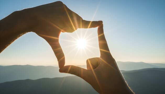 Human hands forming a frame around the bright sun during a beautiful sunrise over mountains.