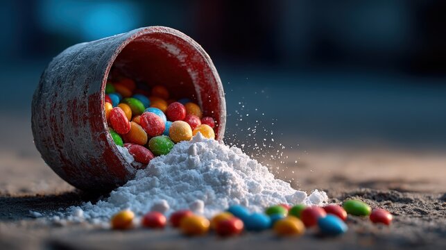 A rustic bucket spills colorful candies across a textured surface, capturing a moment of joy and artistry that evokes a sense of fun and celebration in a visually dynamic way.