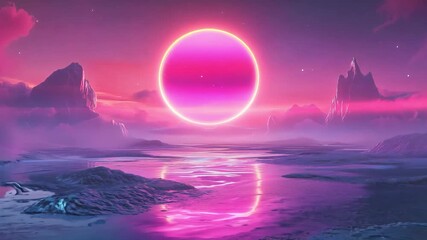 A colorful alien landscape featuring a glowing sun above rocky formations during dusk, creating a fantasy atmosphere - Powered by Adobe