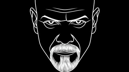 Striking Line Art Portrait of a Bald Man with a Goatee and Intense Gaze, White Outline on Black Background Illustration