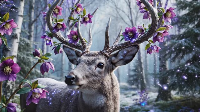Deer With Tree Branch Antlers Blooming In Winter Forest Fantasy