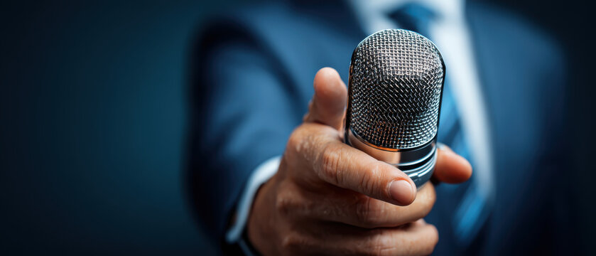 Close up microphone business suit male hand speaker presentation public speaking conference leadership focus corporate