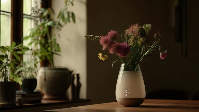 Medium shot capturing temperaturesensitive smart vase regulating warmth to protect delicate blooms indoors.