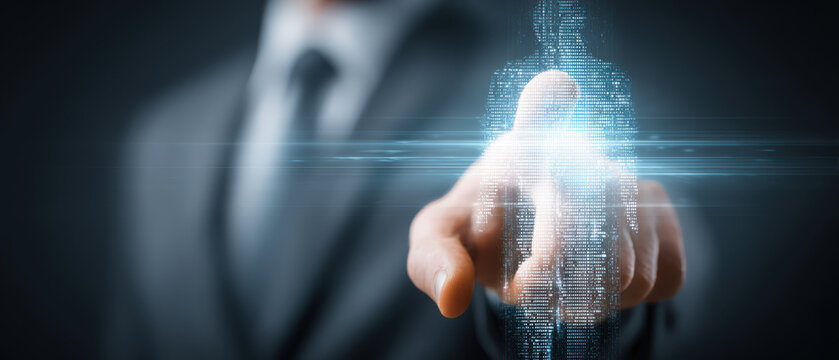 Businessman pointing hologram interface touch, digital transformation concept, modern technology, innovation, corporate leadership, confident focus - Powered by Adobe