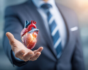 Man suit tie business professional heart anatomy healthcare medical concept Man suit holds human heart with care, symbol of healthcare leadership