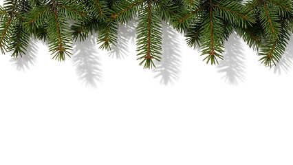 A decorative Christmas border of realistic evergreen pine branches with soft shadows, isolated on a pure white background