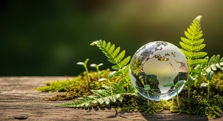 Globe on wooden surface surrounded by green ferns symbolizing International Earth Day