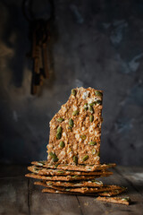 Pumpkin seed croutons on a rustic table