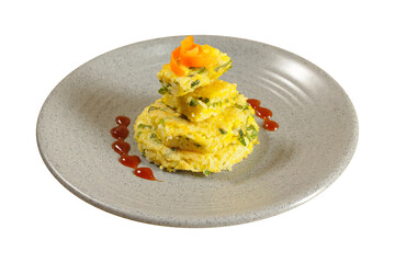 Gourmet Stacked Fluffy Omelet with Scallions and Chili Sauce Drizzle
