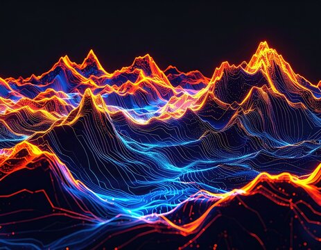 Colorful, glowing lines depict a digital mountain range