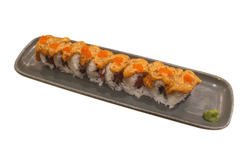 Spicy Tuna Sushi Roll Topped with Masago and Creamy Sauce