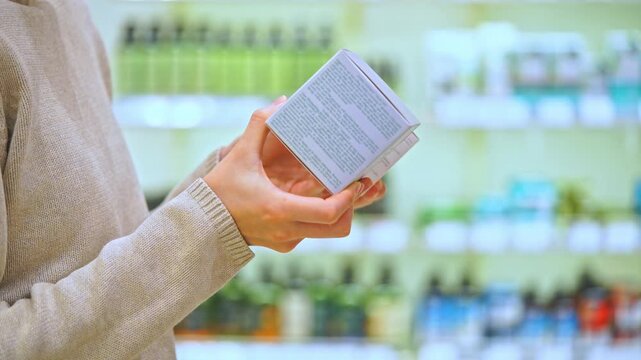 Female shopper reading ingredient labels, comparing and choosing a cosmetic product or cream, focusing on packaging details in a beauty store. The concept of conscious choice