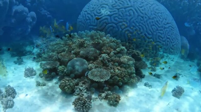 Expansive Reef Vista Thriving Coral Reef Ecosystem Wide shot, revealing the vastness, overall health, and vibrant colors of the thriving coral reef ecosystem.
