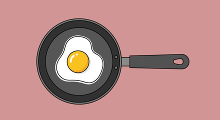 Simple cartoon illustration of a fried egg cooking in a pan.