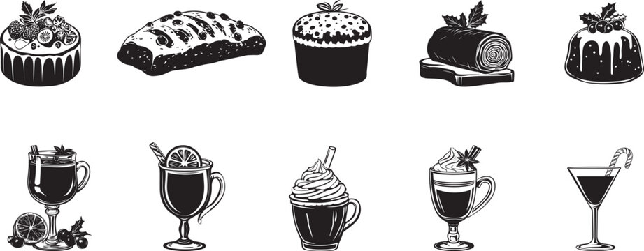 A collection of various desserts and beverages, including cakes, pastries, and cocktails, arranged in a grid format.