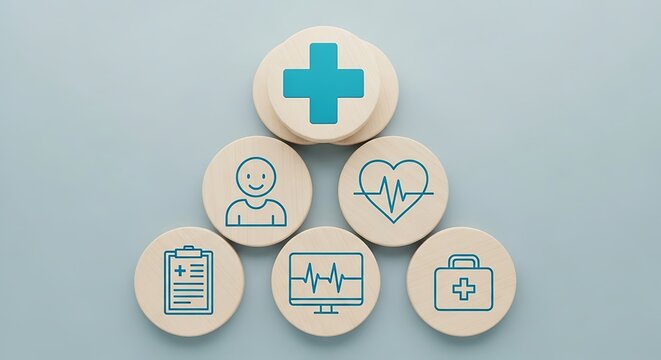 Health and wellness icons arranged in a pyramid shape on blue