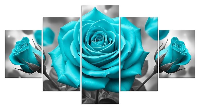 Vibrant teal rose bloom with water droplets on black and white background