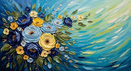 Impressionistic oil painting of a vibrant bouquet of blue and yellow flowers