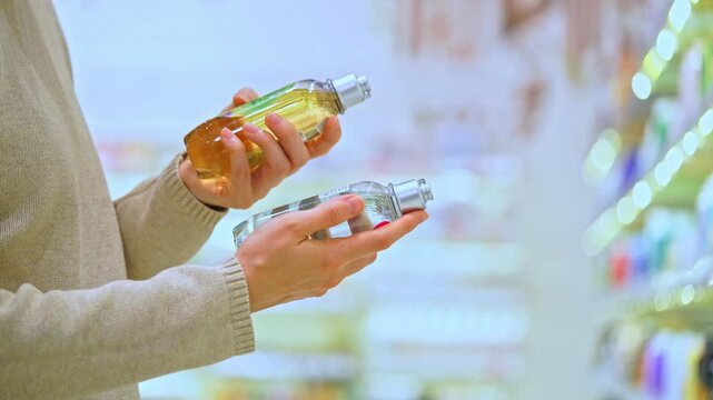 Woman reading the label of a cosmetic product in a store aisle, focusing on ingredients, with shelves and bottles in the background.