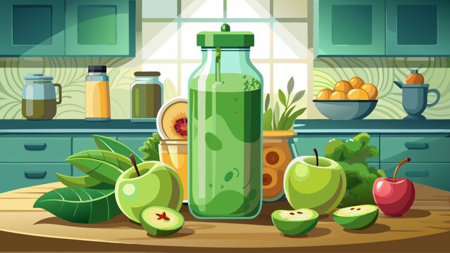 A clean product mockup of a green juice bottle placed beside chopped cucumbers and leafy greens on a marble counter, modern kitchen aesthetic, ideal for health blogs and beverage branding