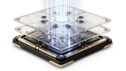 High-tech computer chip processing data with transparent circuits