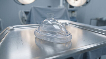 A clear anesthesia mask on a sterile steel tray in a clinical setting. STEM education sheets, lab safety posters, designed for STEM education and laboratory safety posters.