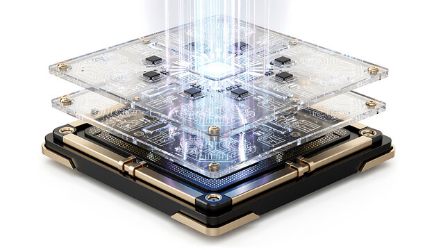 High-tech computer chip processing data with transparent circuits