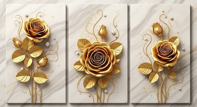 Elegant triptych of golden roses on marble background