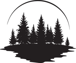 Obraz premium A minimalist black and white illustration of a forest with a crescent moon in the background.
