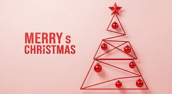 Geometric tree with red ornaments and star against pink background, representing celebration and festive spirit, for Christmas themed design or event promotion