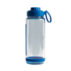 Clear plastic reusable water bottle with blue cap and silicone base for sports