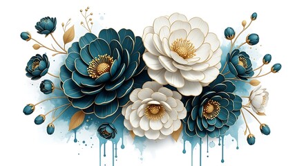 Elegant teal and white peony floral arrangement with watercolor splashes